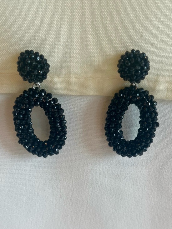 Jewelry - Vintage Black Beaded Hoop Drop Earrings - Women Jewelry